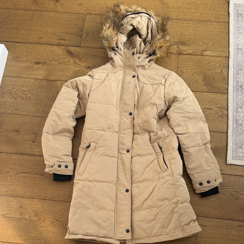 Women's Tan Orolay long puffer jacket coat with hood- NWT